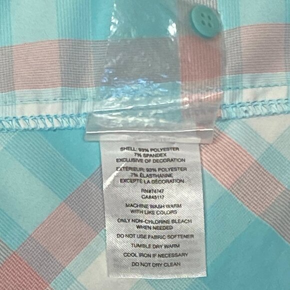 Ascend Short Sleeve Button Up Activewear Hike Camp Shirt Aqua Peach Plaid NWOT M - Picture 12 of 12